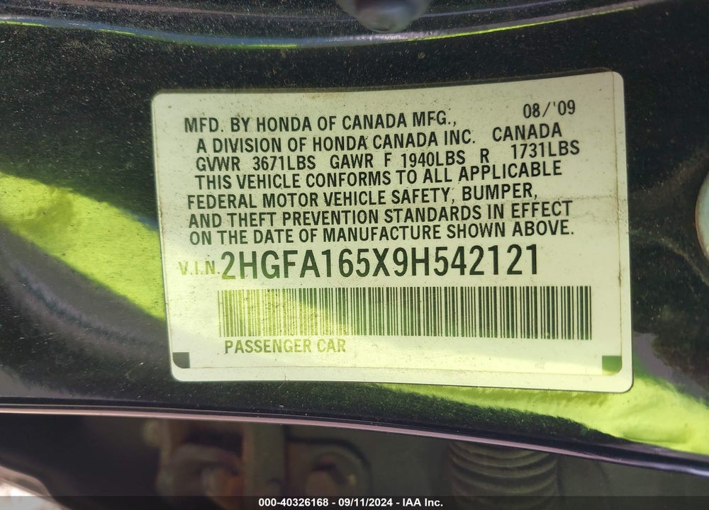 2009 HONDA CIVIC LX VIN: 2HGFA165X9H542121