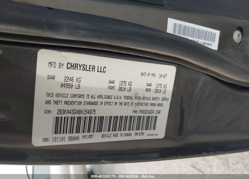 2008 DODGE CHARGER VIN: 2B3KA43GX8H154875