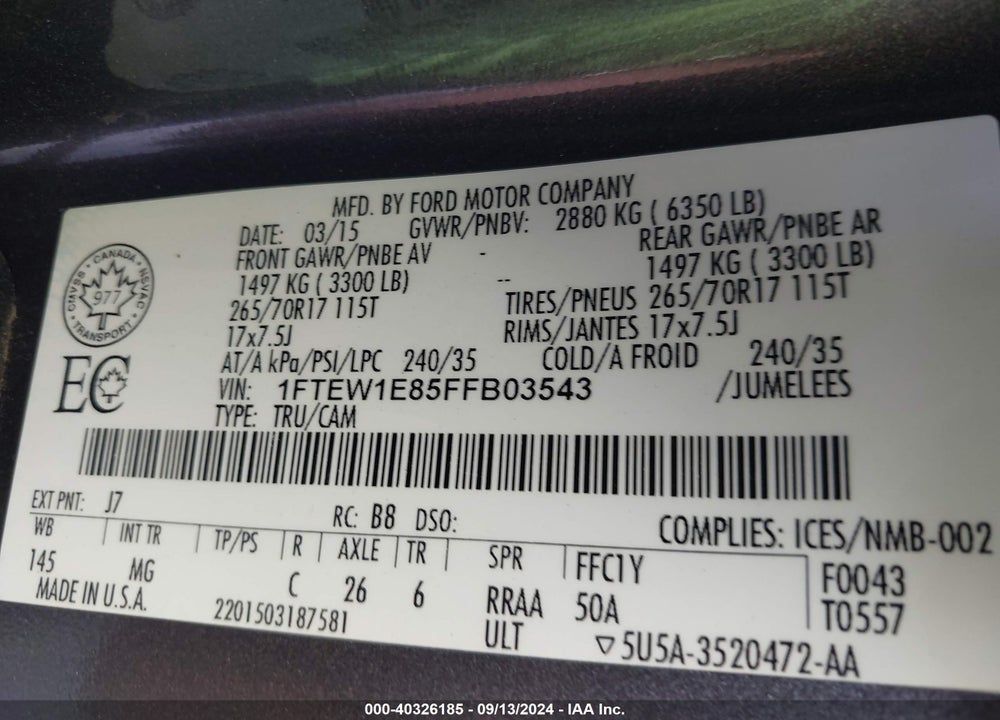 2015 FORD F-150 XLT VIN: 1FTEW1E85FFB03543