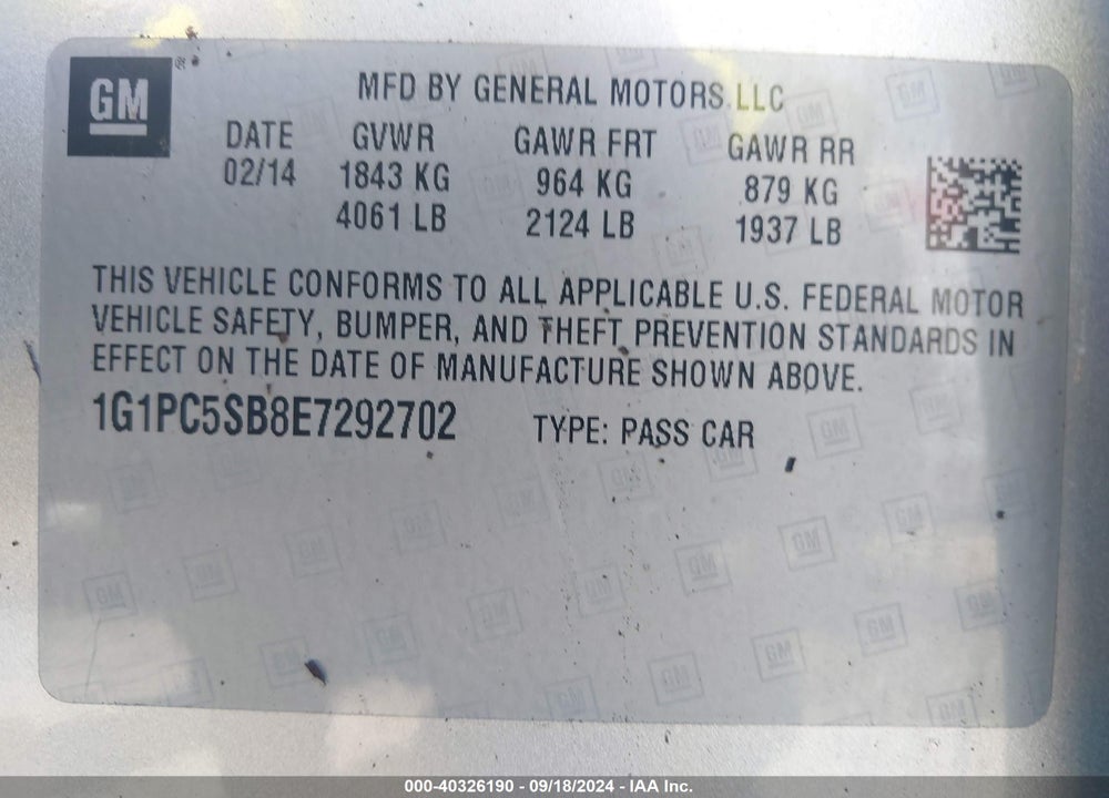 2014 CHEVROLET CRUZE 1LT AUTO VIN: 1G1PC5SB8E7292702