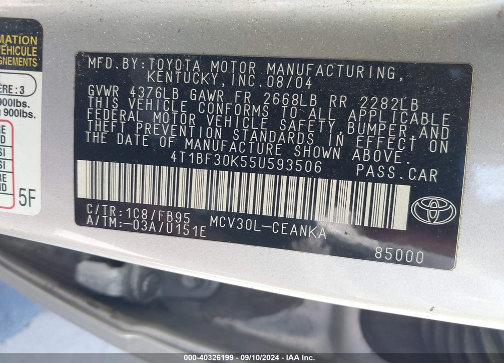 2005 TOYOTA CAMRY LE V6 VIN: 4T1BF30K55U593506