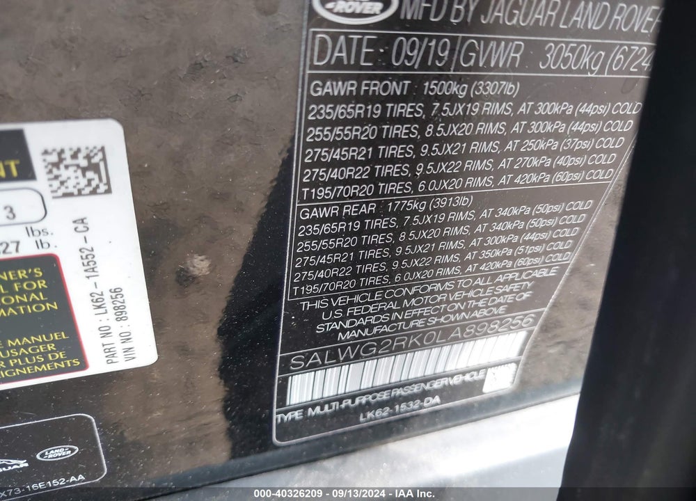 2020 LAND ROVER RANGE ROVER SPORT SE TD6 VIN: SALWG2RK0LA898256