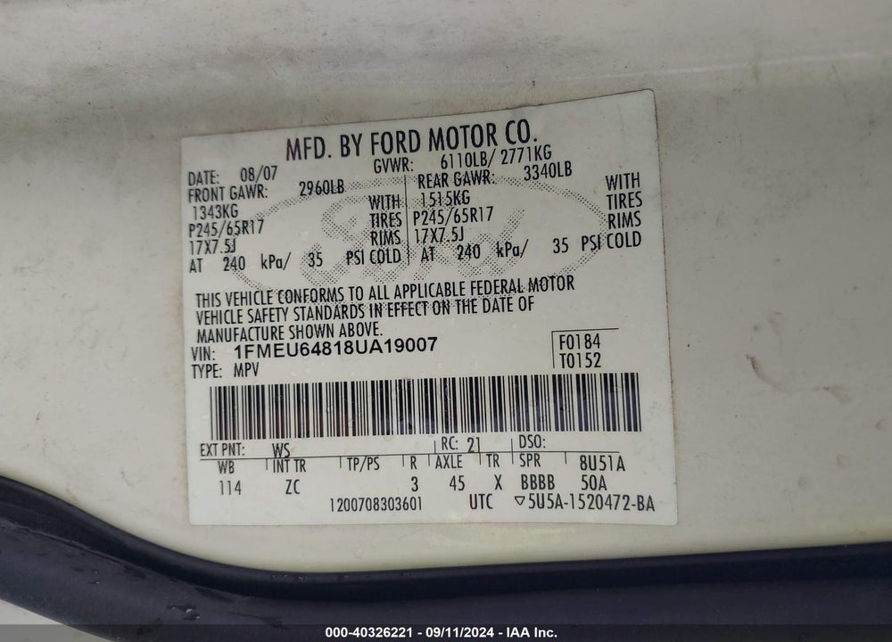 2008 FORD EXPLORER EDDIE BAUER VIN: 1FMEU64818UA19007