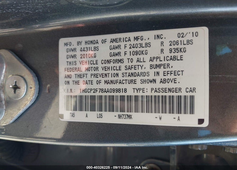 2010 HONDA ACCORD 2.4 EX VIN: 1HGCP2F78AA099818