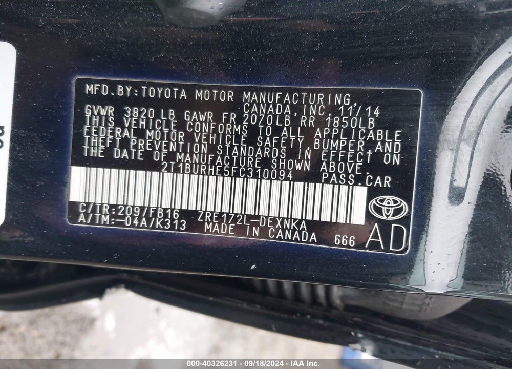 2015 TOYOTA COROLLA LE VIN: 2T1BURHE5FC310094