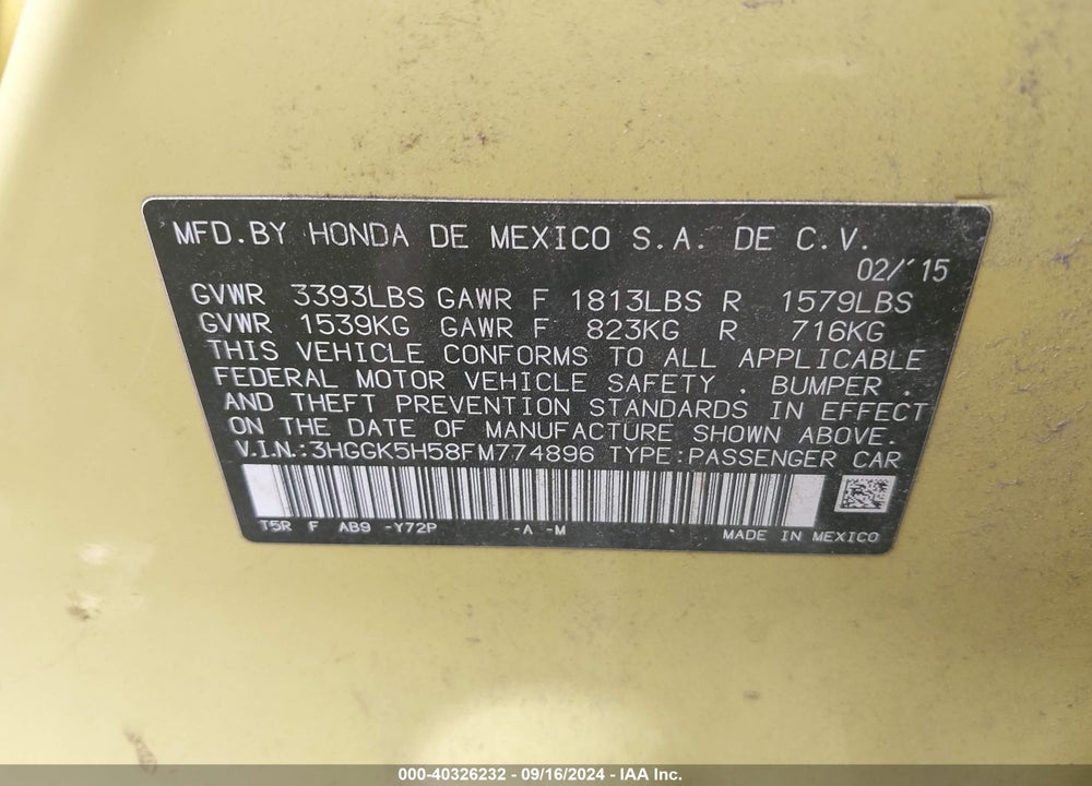 2015 HONDA FIT LX VIN: 3HGGK5H58FM774896