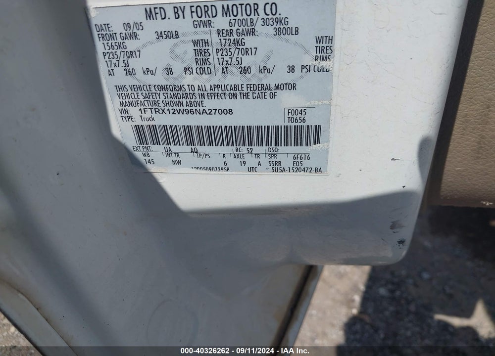 2006 FORD F-150 STX/XL/XLT VIN: 1FTRX12W96NA27008
