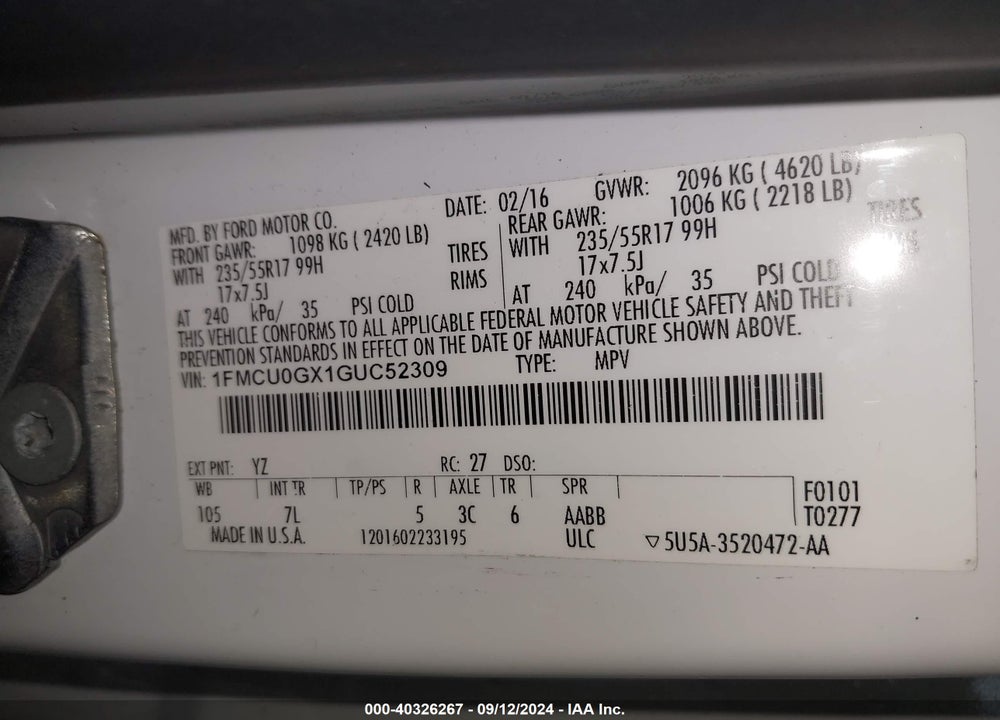 2016 FORD ESCAPE SE VIN: 1FMCU0GX1GUC52309