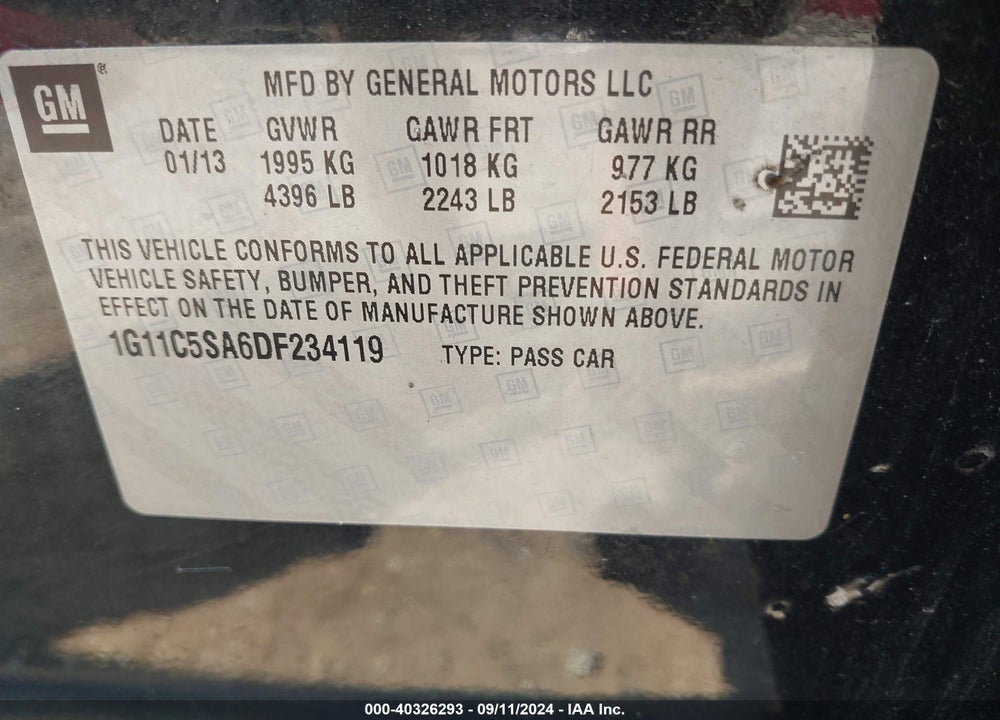 2013 CHEVROLET MALIBU 1LT VIN: 1G11C5SA6DF234119