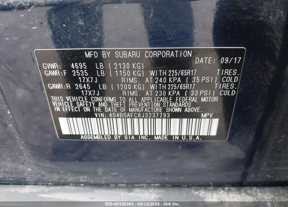 2018 SUBARU OUTBACK 2.5I PREMIUM VIN: 4S4BSAFC8J3237793