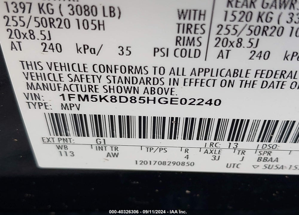 2017 FORD EXPLORER XLT VIN: 1FM5K8D85HGE02240