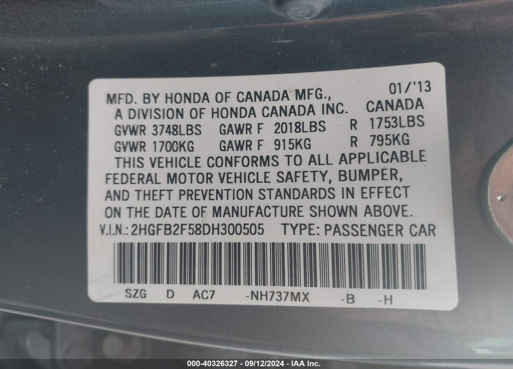 2013 HONDA CIVIC LX VIN: 2HGFB2F58DH300505