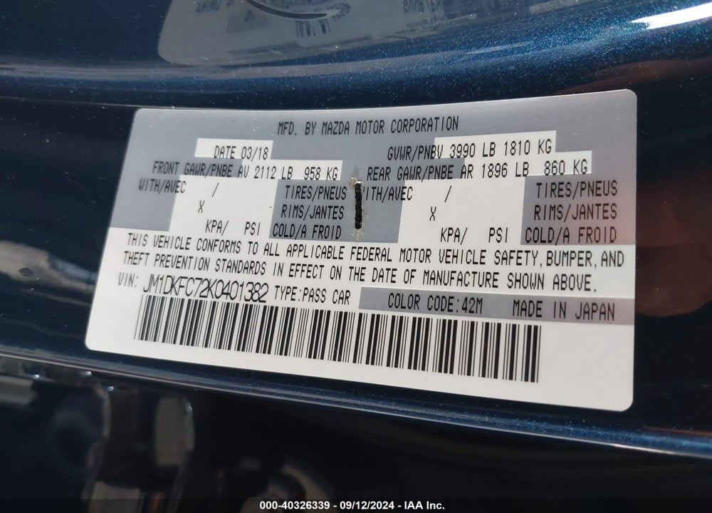 2019 MAZDA CX-3 TOURING VIN: JM1DKFC72K0401382