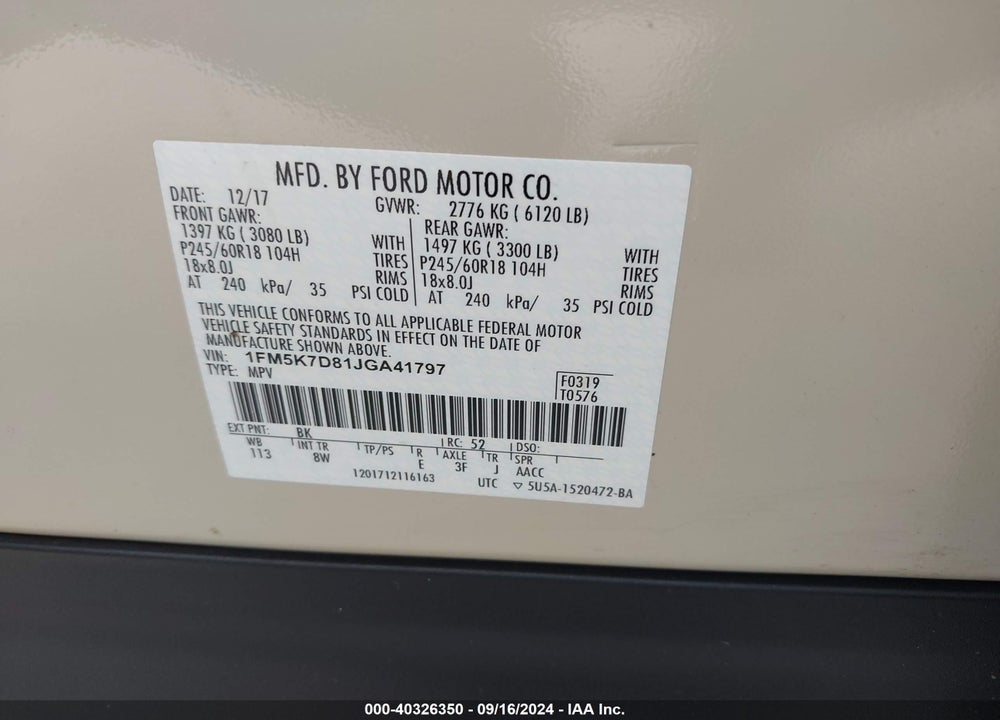 2018 FORD EXPLORER XLT VIN: 1FM5K7D81JGA41797