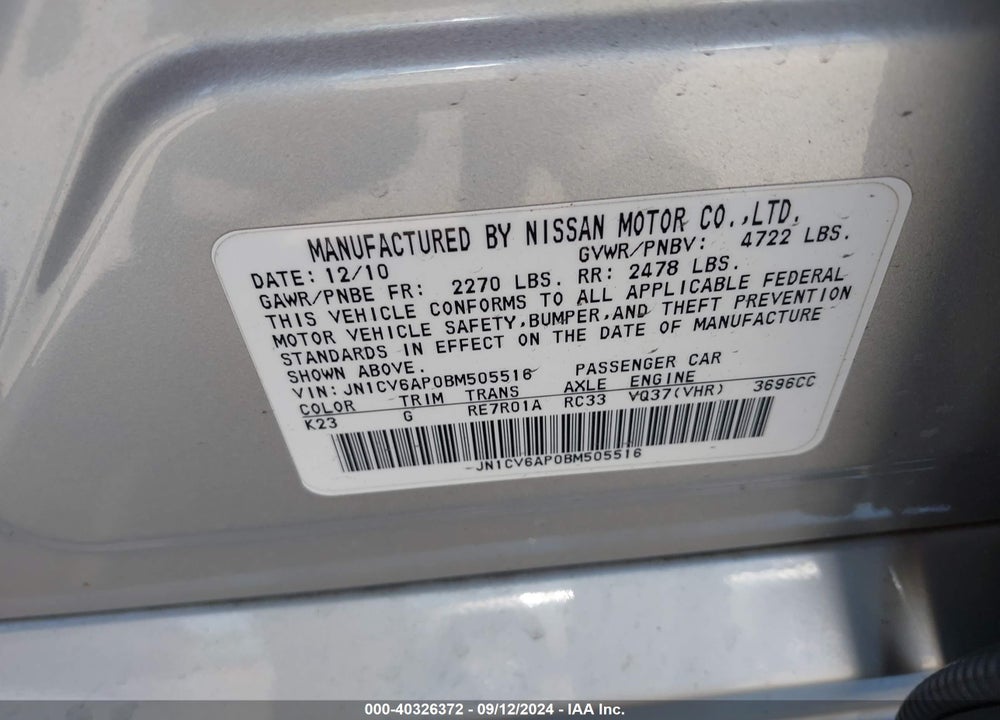 2011 INFINITI G37 JOURNEY VIN: JN1CV6AP0BM505516