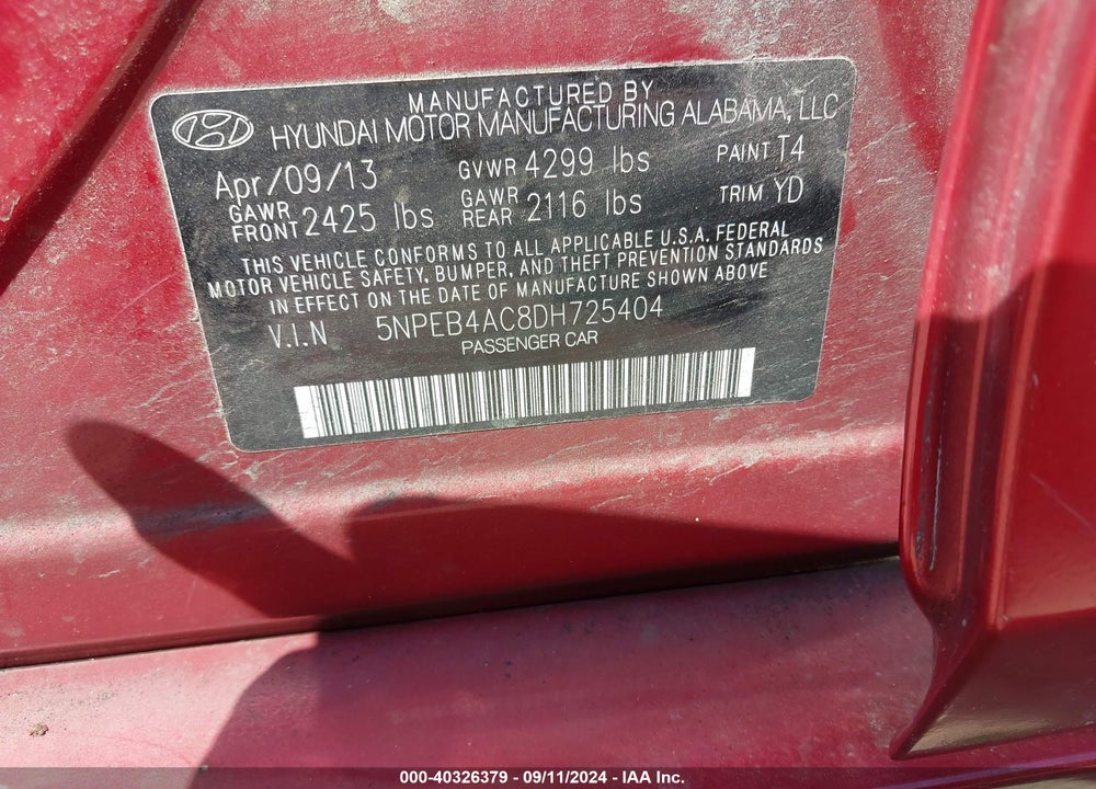 2013 HYUNDAI SONATA GLS VIN: 5NPEB4AC8DH725404