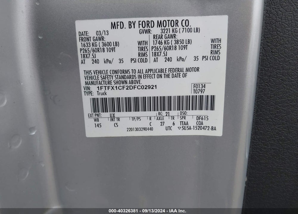 2013 FORD F-150 STX VIN: 1FTFX1CF2DFC02921