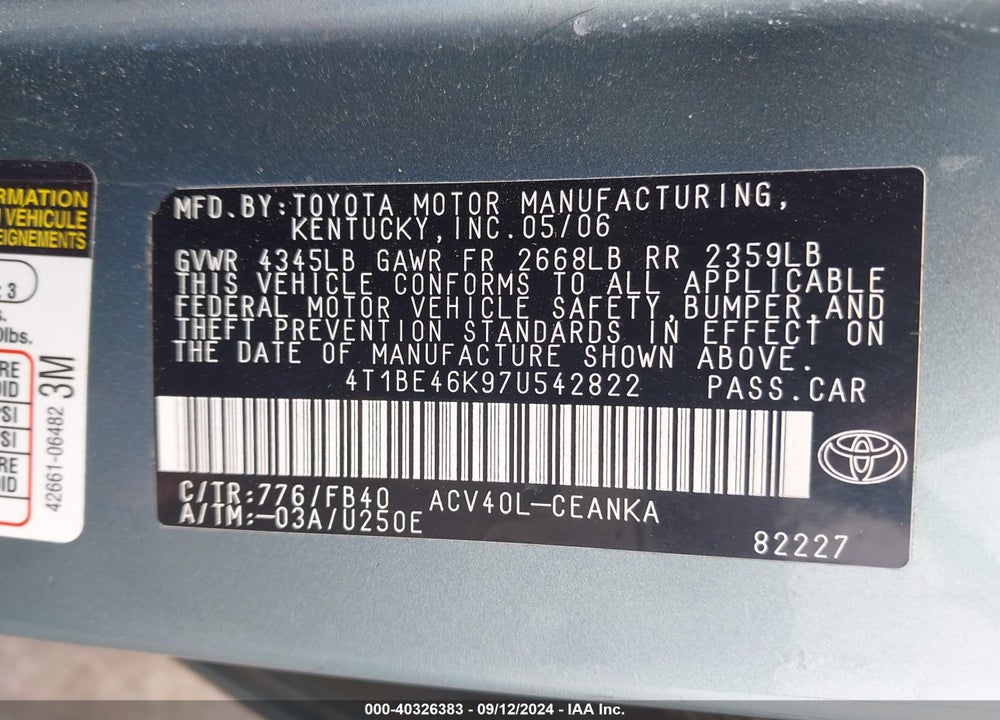 2007 TOYOTA CAMRY LE VIN: 4T1BE46K97U542822