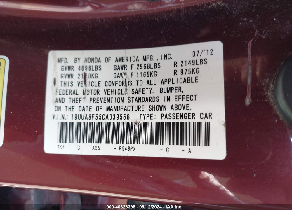 2012 ACURA TL 3.5 VIN: 19UUA8F55CA039568