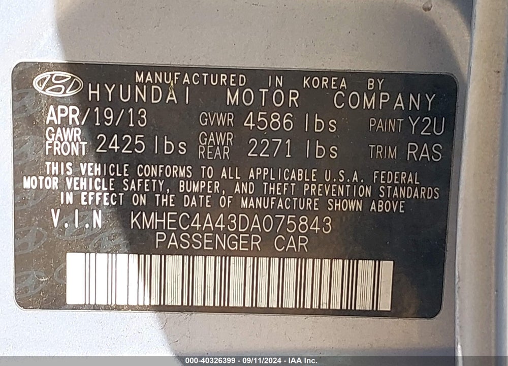 2013 HYUNDAI SONATA HYBRID LIMITED VIN: KMHEC4A43DA075843