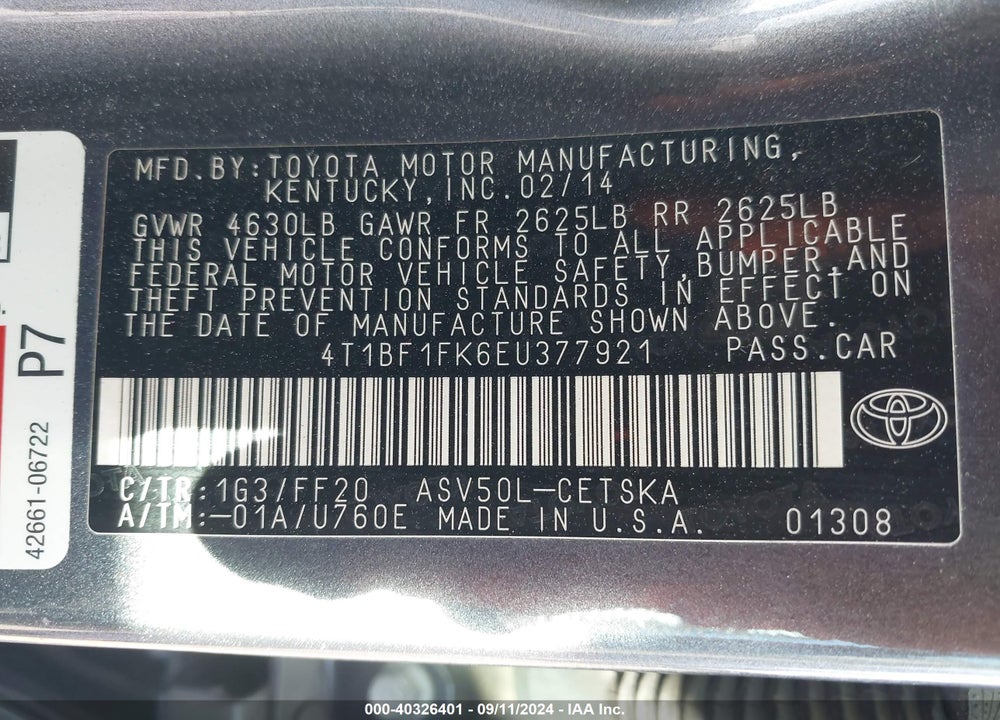 2014 TOYOTA CAMRY SE VIN: 4T1BF1FK6EU377921