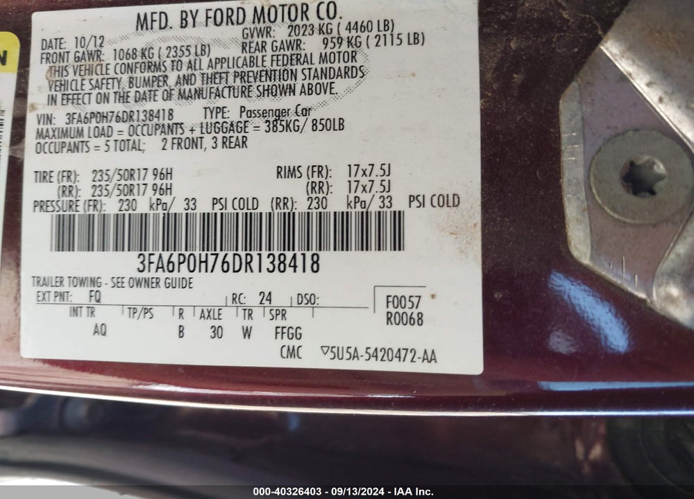 2013 FORD FUSION SE VIN: 3FA6P0H76DR138418