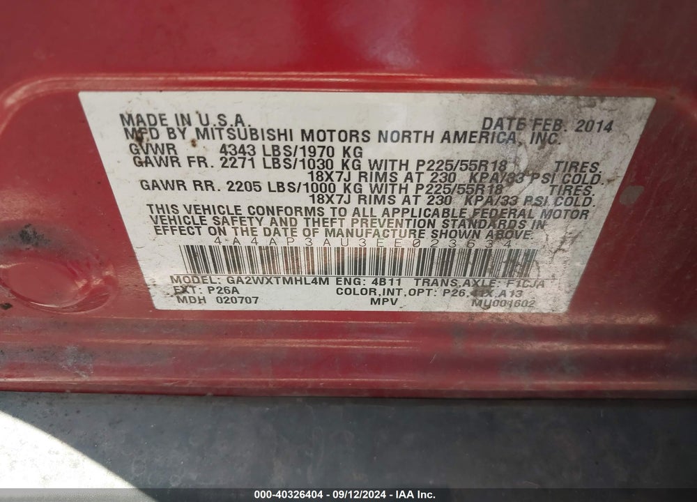 2014 MITSUBISHI OUTLANDER SPORT ES VIN: 4A4AP3AU3EE023634
