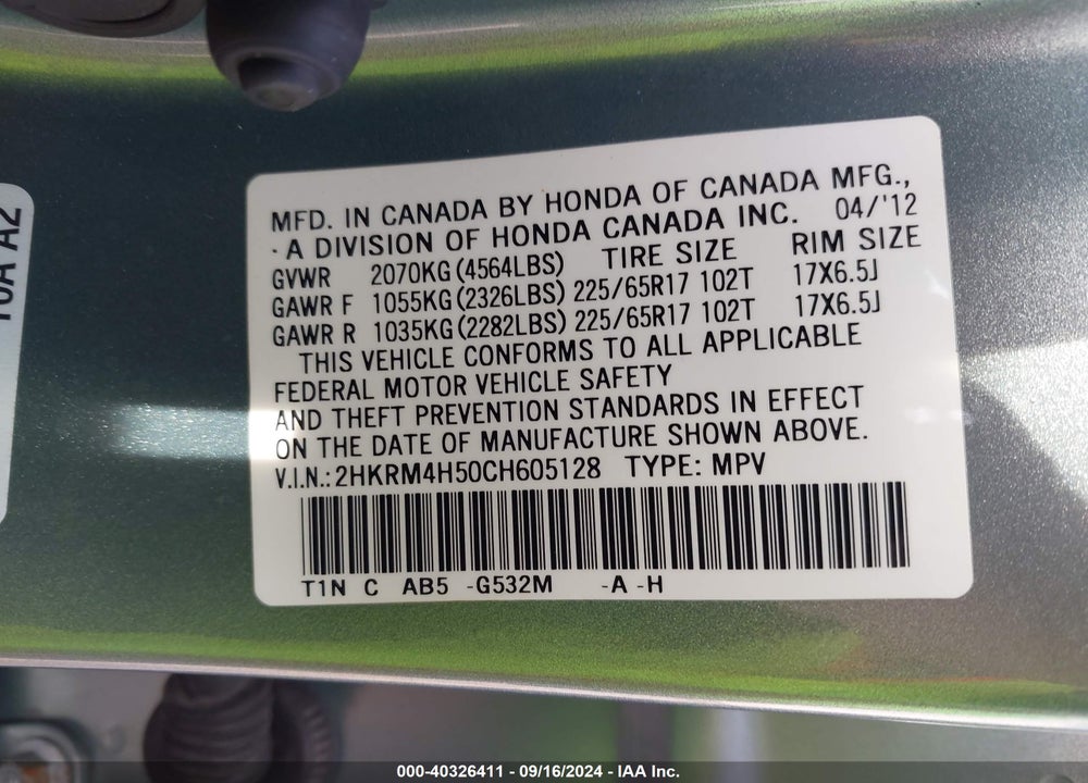2012 HONDA CR-V EX VIN: 2HKRM4H50CH605128