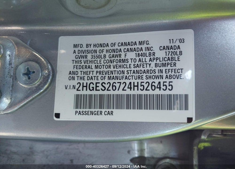 2004 HONDA CIVIC EX VIN: 2HGES26724H526455