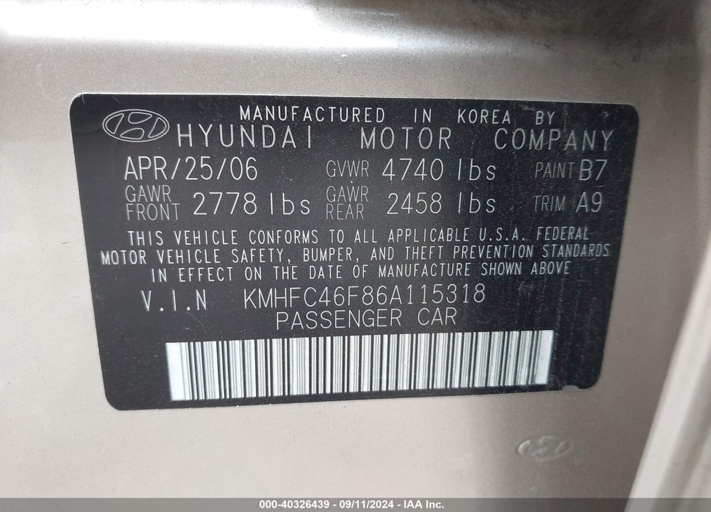 2006 HYUNDAI AZERA LIMITED/SE VIN: KMHFC46F86A115318