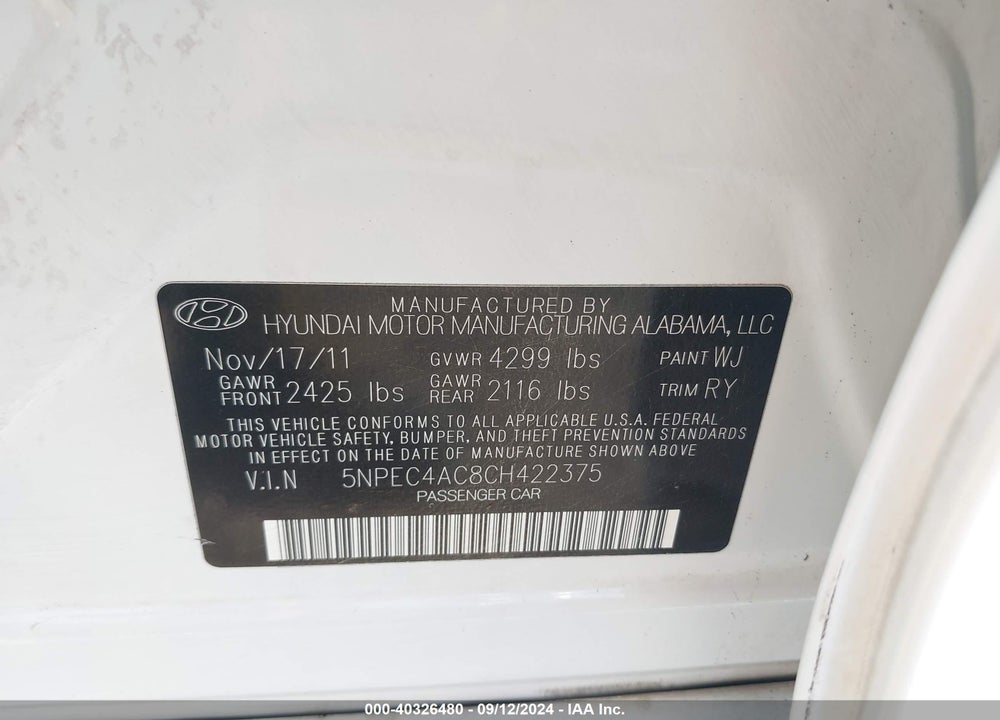 2012 HYUNDAI SONATA SE VIN: 5NPEC4AC8CH422375