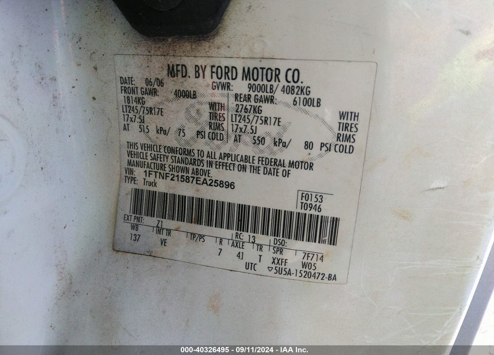 2007 FORD F-250 XL/XLT VIN: 1FTNF21587EA25896