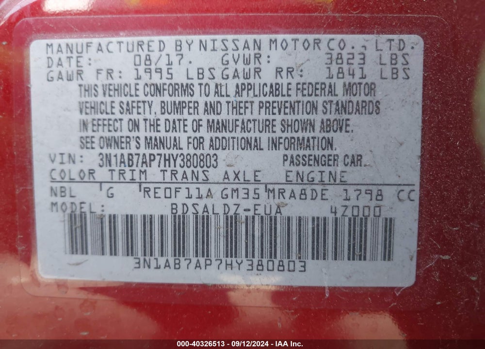 2017 NISSAN SENTRA S VIN: 3N1AB7AP7HY380803
