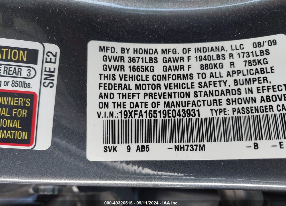 2009 HONDA CIVIC LX VIN: 19XFA16519E043931