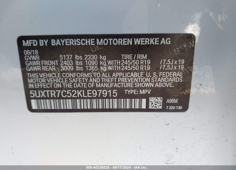 2019 BMW X3 SDRIVE30I VIN: 5UXTR7C52KLE97915