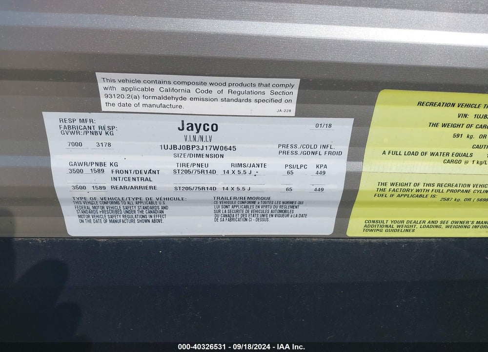 2018 JAYCO OTHER VIN: 1UJBJ0BP3J17W0645