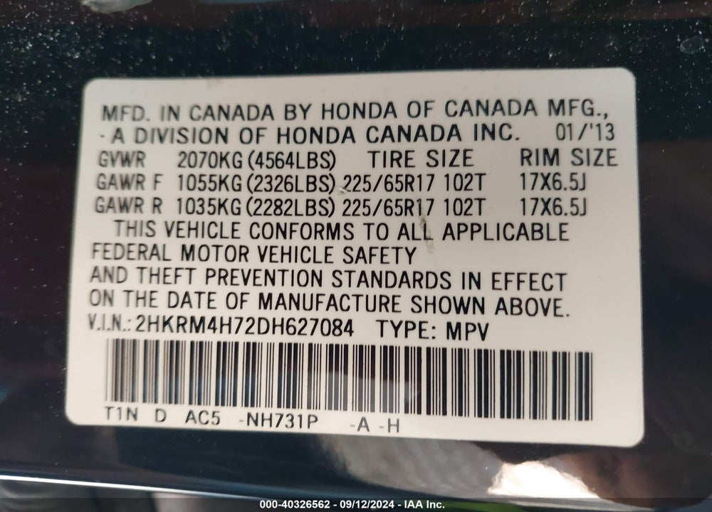 2013 HONDA CR-V EX-L VIN: 2HKRM4H72DH627084