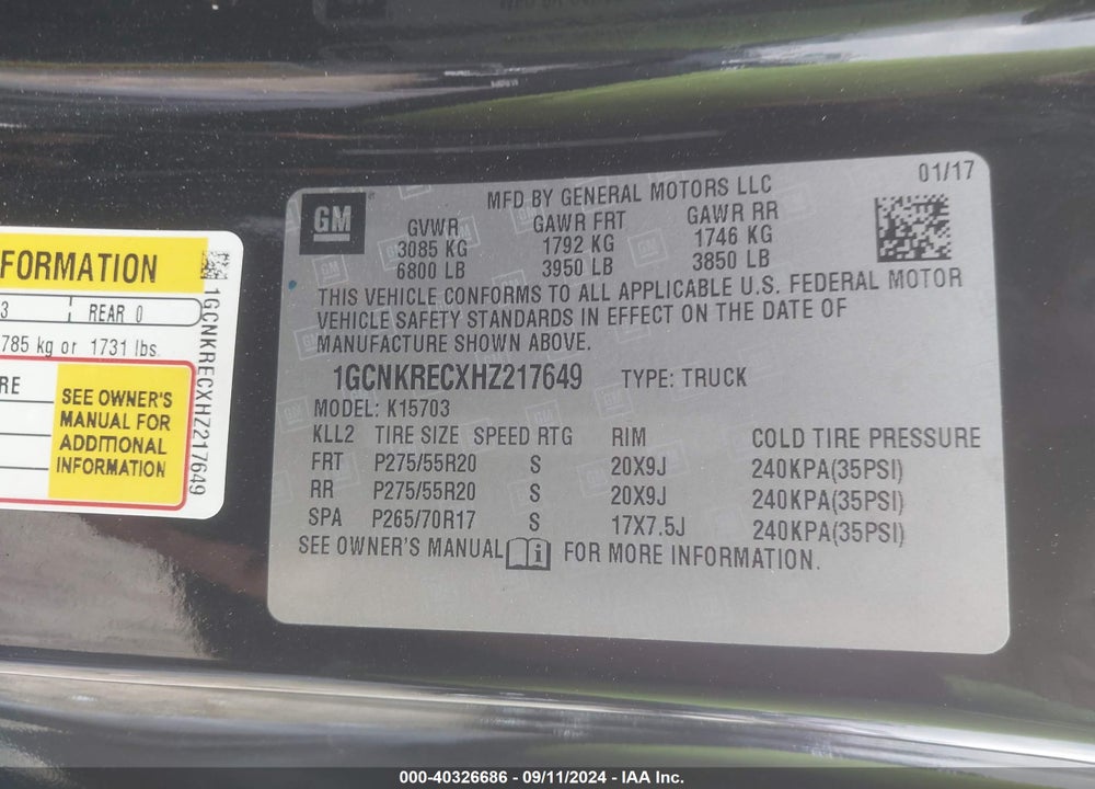 2017 CHEVROLET SILVERADO 1500 2LT VIN: 1GCNKRECXHZ217649