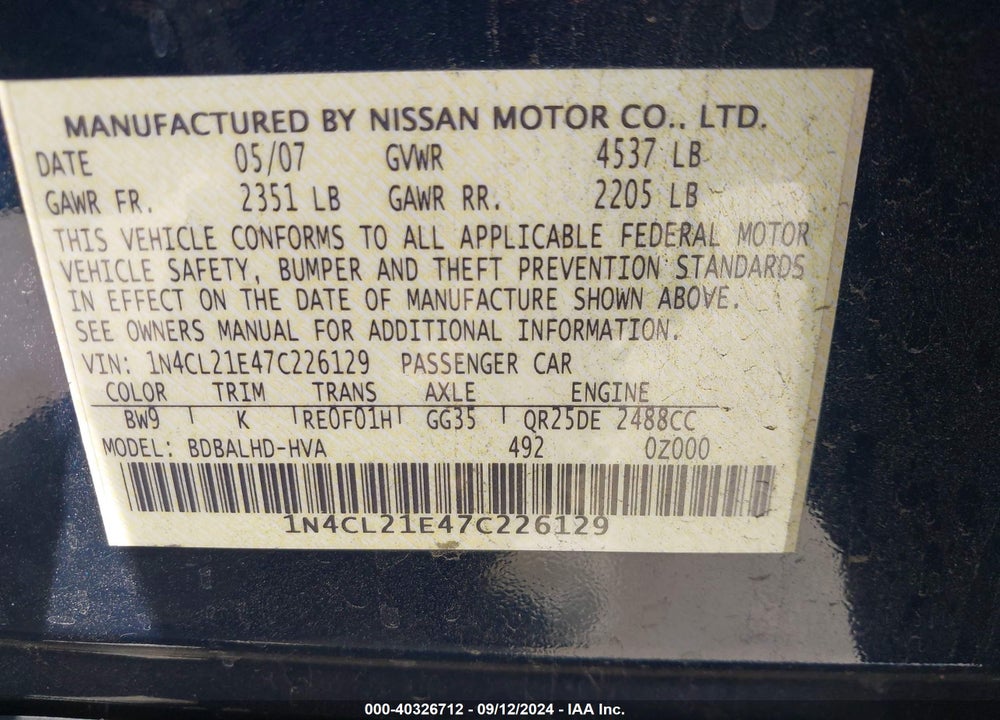 2007 NISSAN ALTIMA HYBRID VIN: 1N4CL21E47C226129
