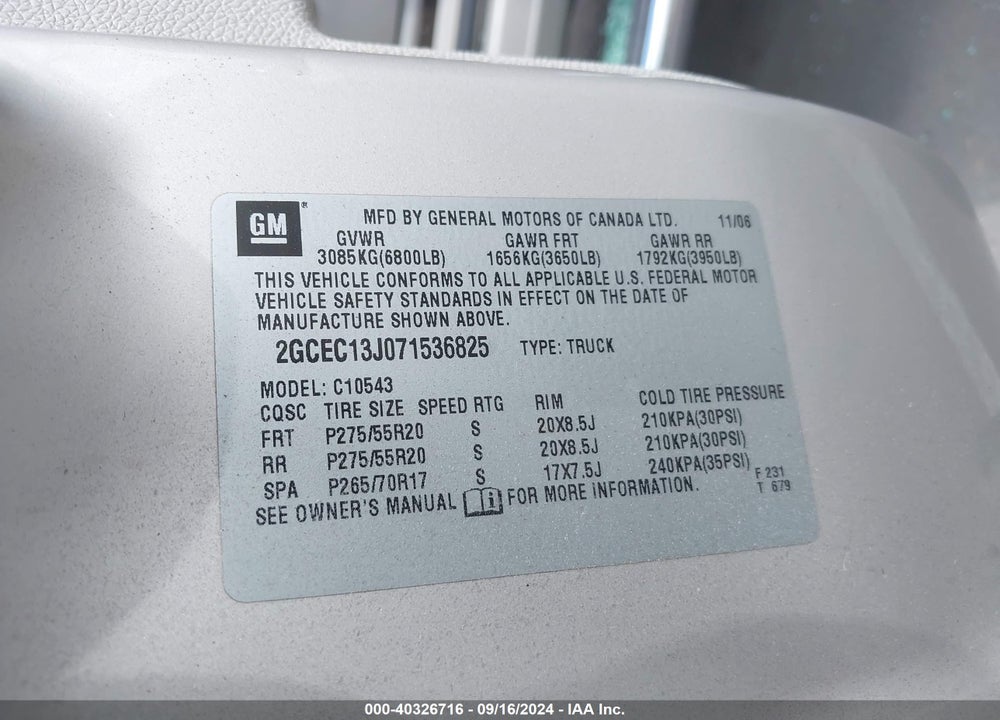 2007 CHEVROLET SILVERADO 1500 LT2 VIN: 2GCEC13J071536825