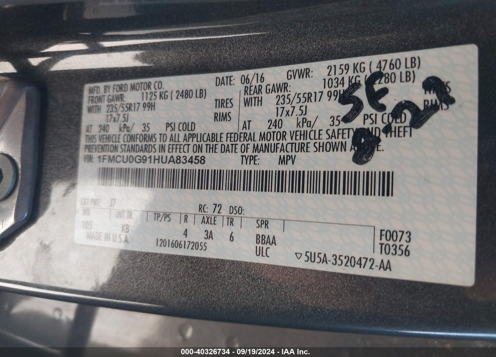 2017 FORD ESCAPE SE VIN: 1FMCU0G91HUA83458