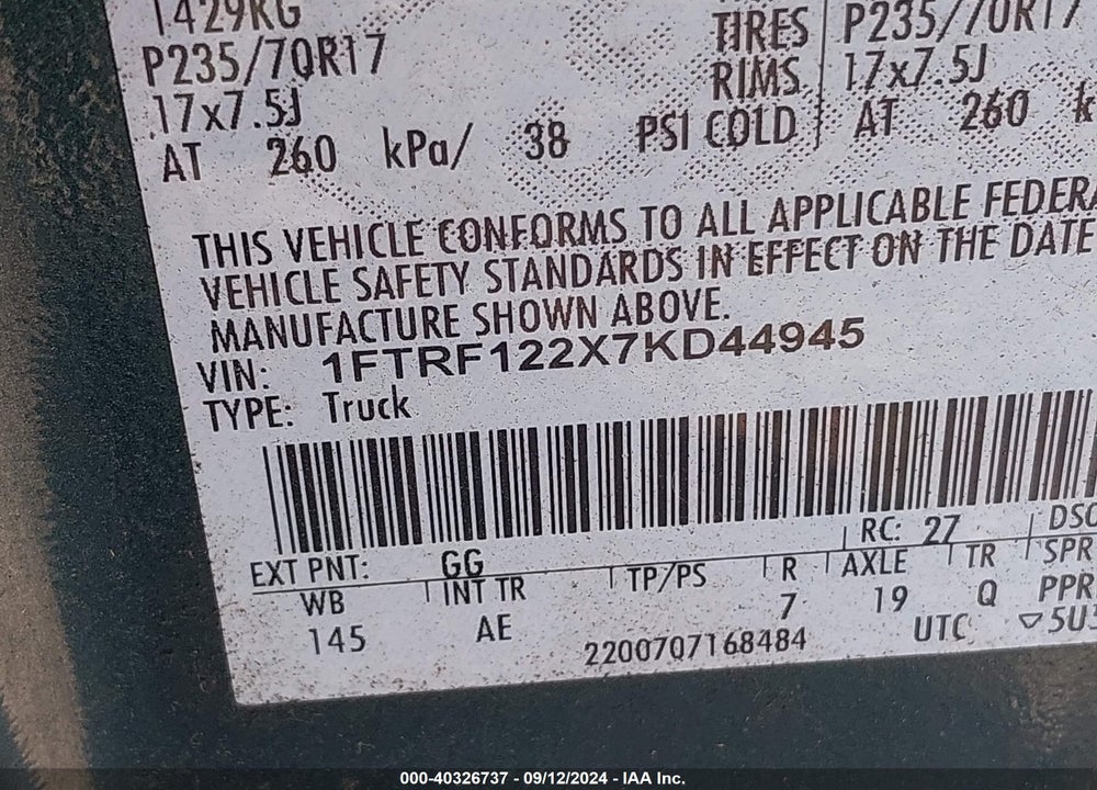 2007 FORD F-150 STX/XL/XLT VIN: 1FTRF122X7KD44945