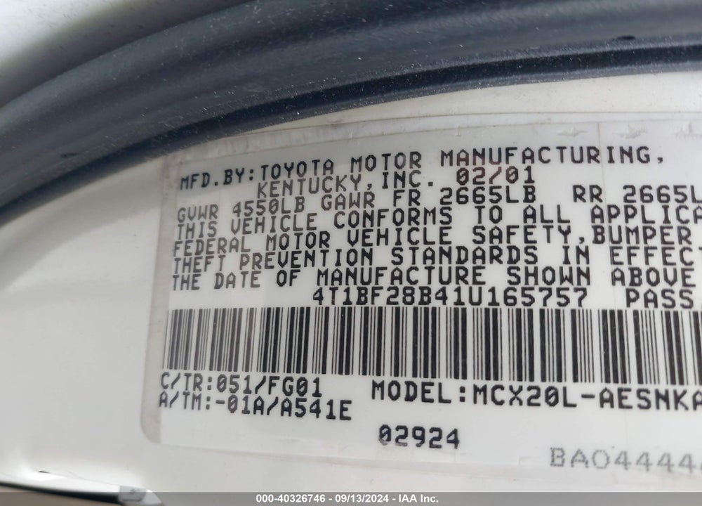 2001 TOYOTA AVALON XL VIN: 4T1BF28B41U165757