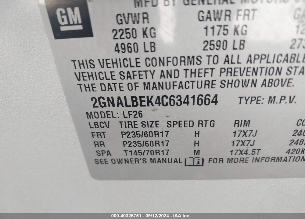 2012 CHEVROLET EQUINOX LS VIN: 2GNALBEK4C6341664