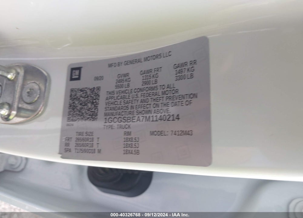 2021 CHEVROLET COLORADO 2WD SHORT BOX WT VIN: 1GCGSBEA7M1140214
