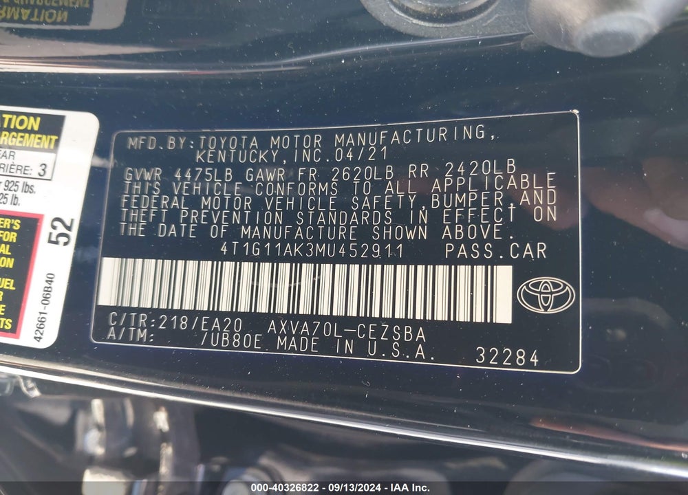 2021 TOYOTA CAMRY SE VIN: 4T1G11AK3MU452911