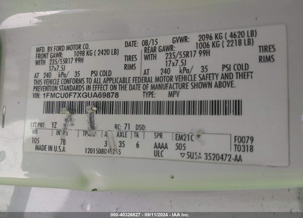 2016 FORD ESCAPE S VIN: 1FMCU0F7XGUA69878