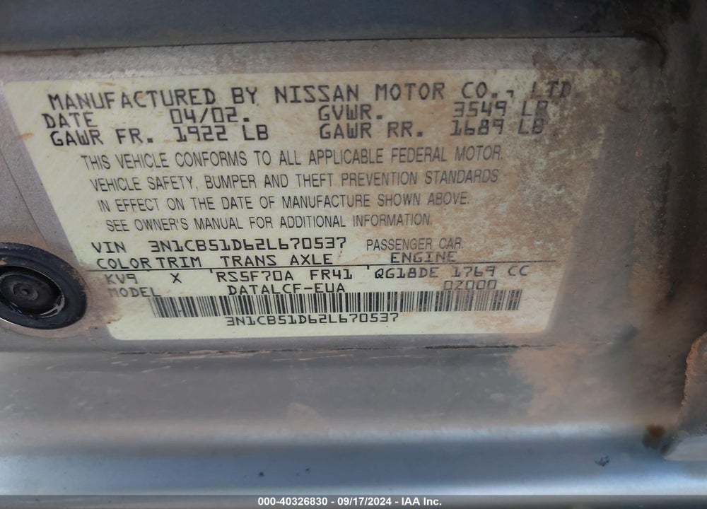 2002 NISSAN SENTRA XE VIN: 3N1CB51D62L670537