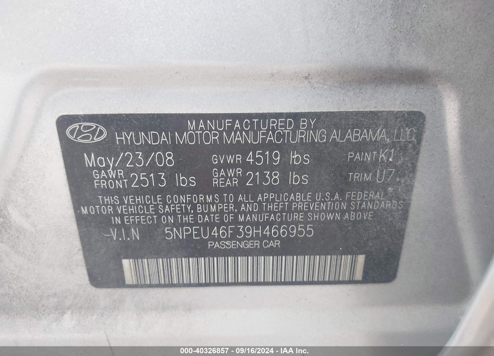 2009 HYUNDAI SONATA SE V6 VIN: 5NPEU46F39H466955