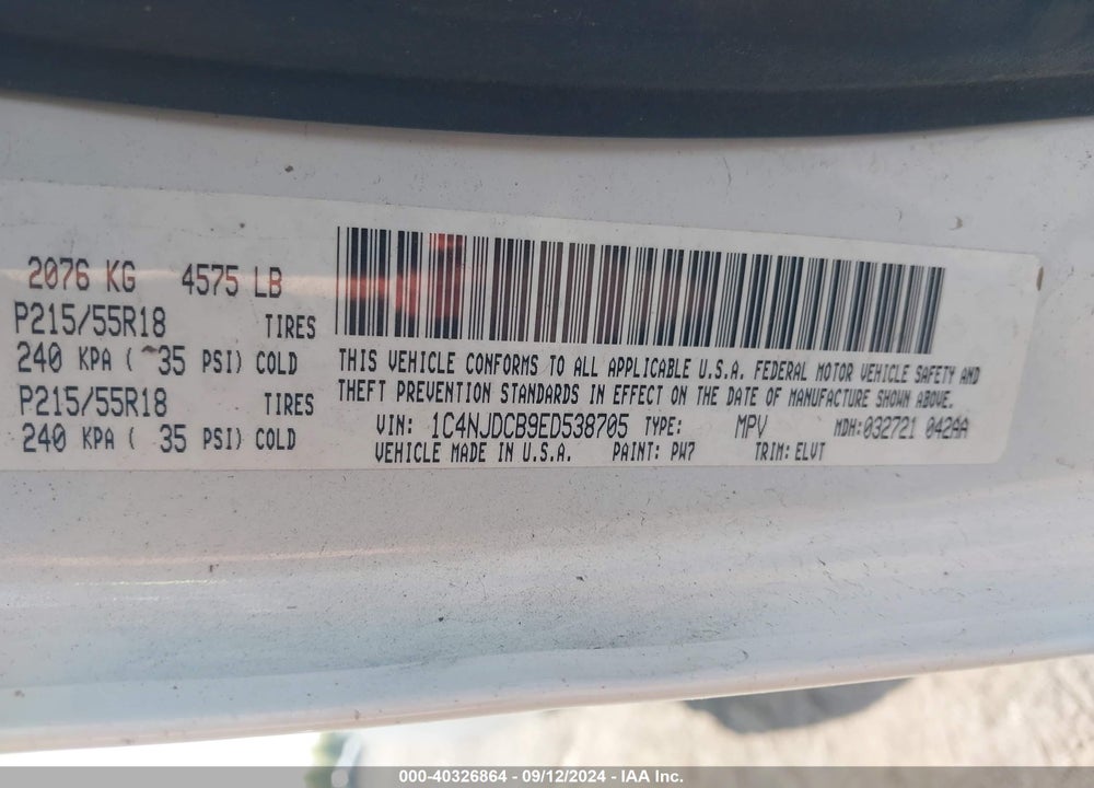 2014 JEEP COMPASS LIMITED VIN: 1C4NJDCB9ED538705